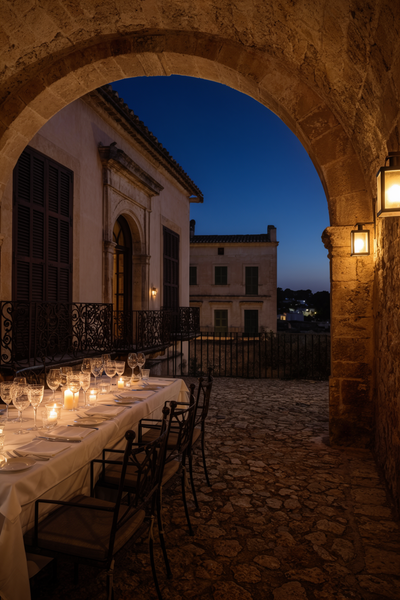 Candlelit dinner table set beneath a stone archway at dusk