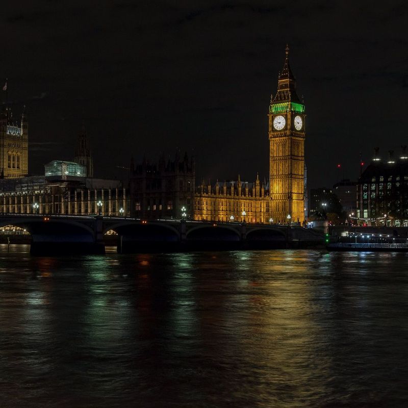 Palace of Westminster and Big Ben at night across the Thames